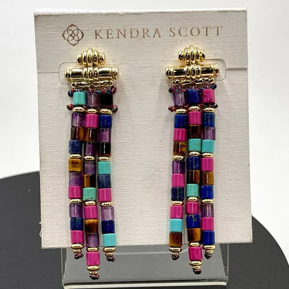 Kendra Scott‎ Bree Gold Teal Purple Orchid Stone Bead statement Earrings